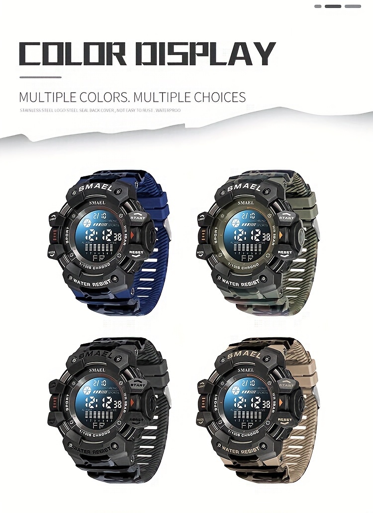   sports digital wristwatch for outdoor mountaineering led night light multifunctional alarm calendar watch with large dial camo strap details 8