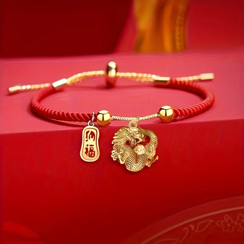Luck Zodiac Dragon Pendant Red Rope Bracelet Chinese Style - Temu