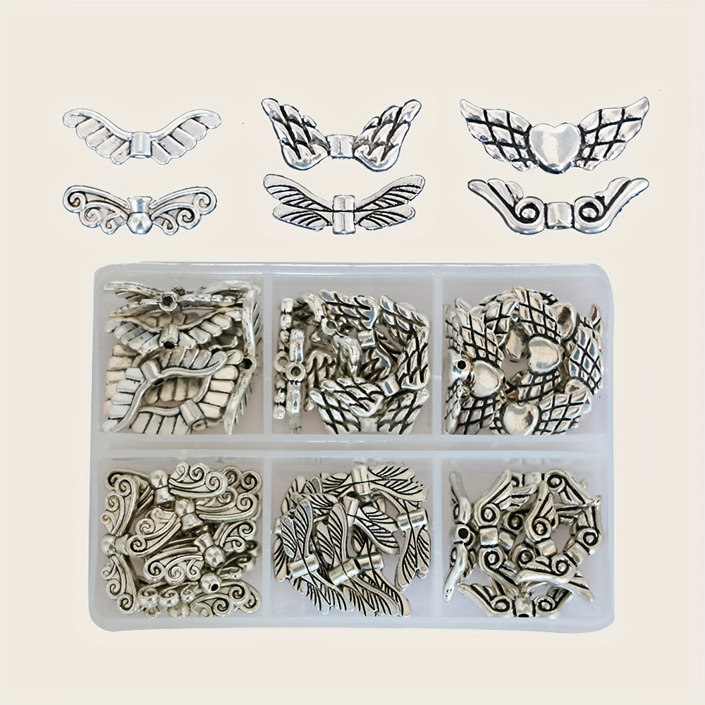 

60pcs 6 Styles Mixed Antique Silvery Angel Wing Beads Spacer With Storage Box Alloy Charm Beads Diy Bracelet Necklace Jewelry Making