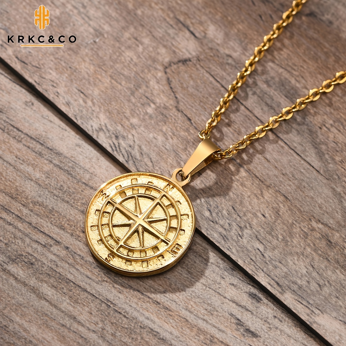 1pc Krkc Co Stainless Steel Compass Coin Pendant Necklace Men's