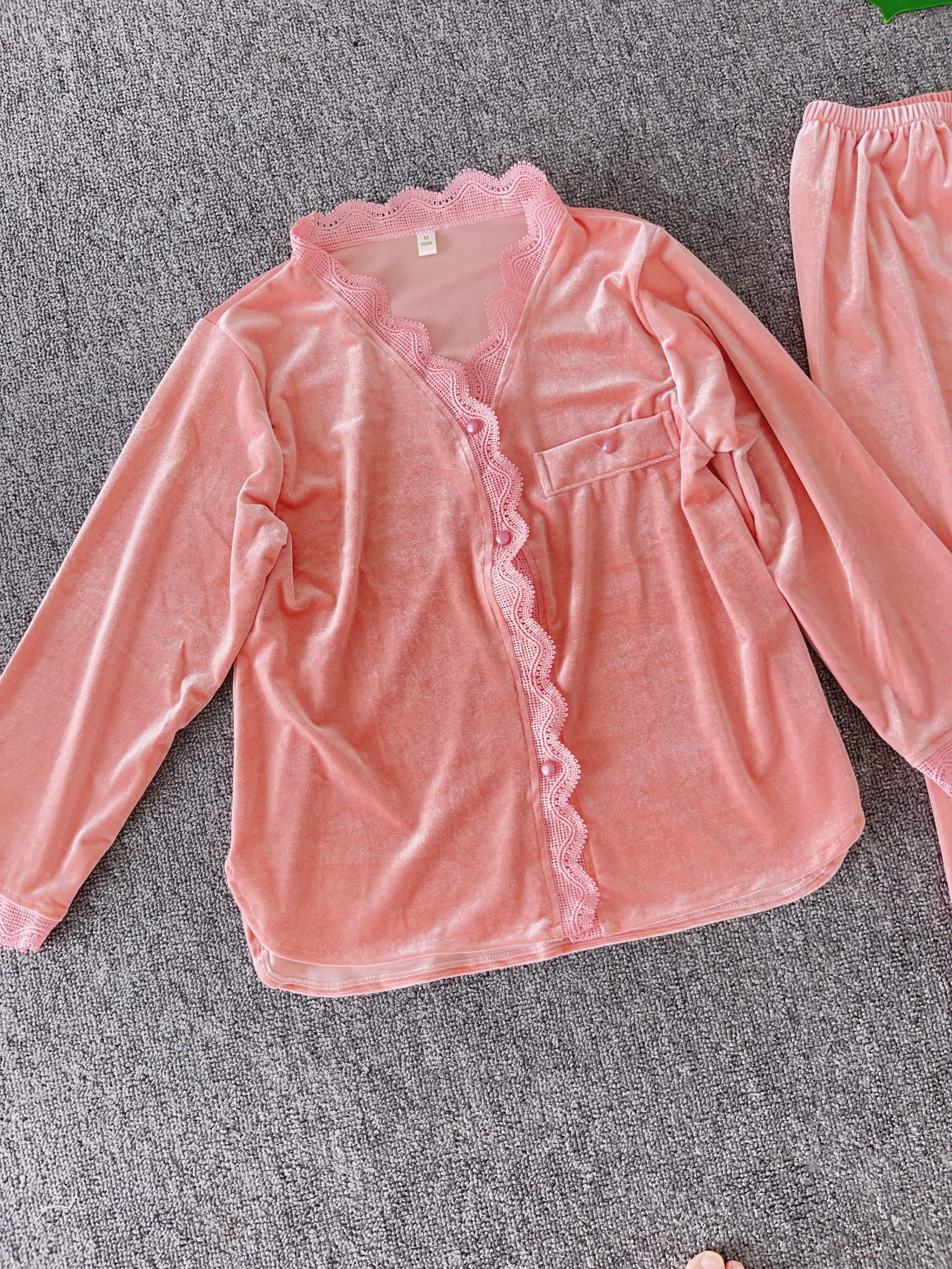Lace Trim Velvet Pajama Set Long Sleeve Buttons Top Elastic - Temu