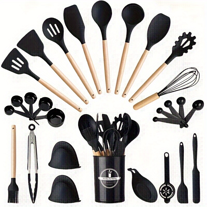 Non-stick Silicone Utensil Set With Wooden Handle - Perfect For