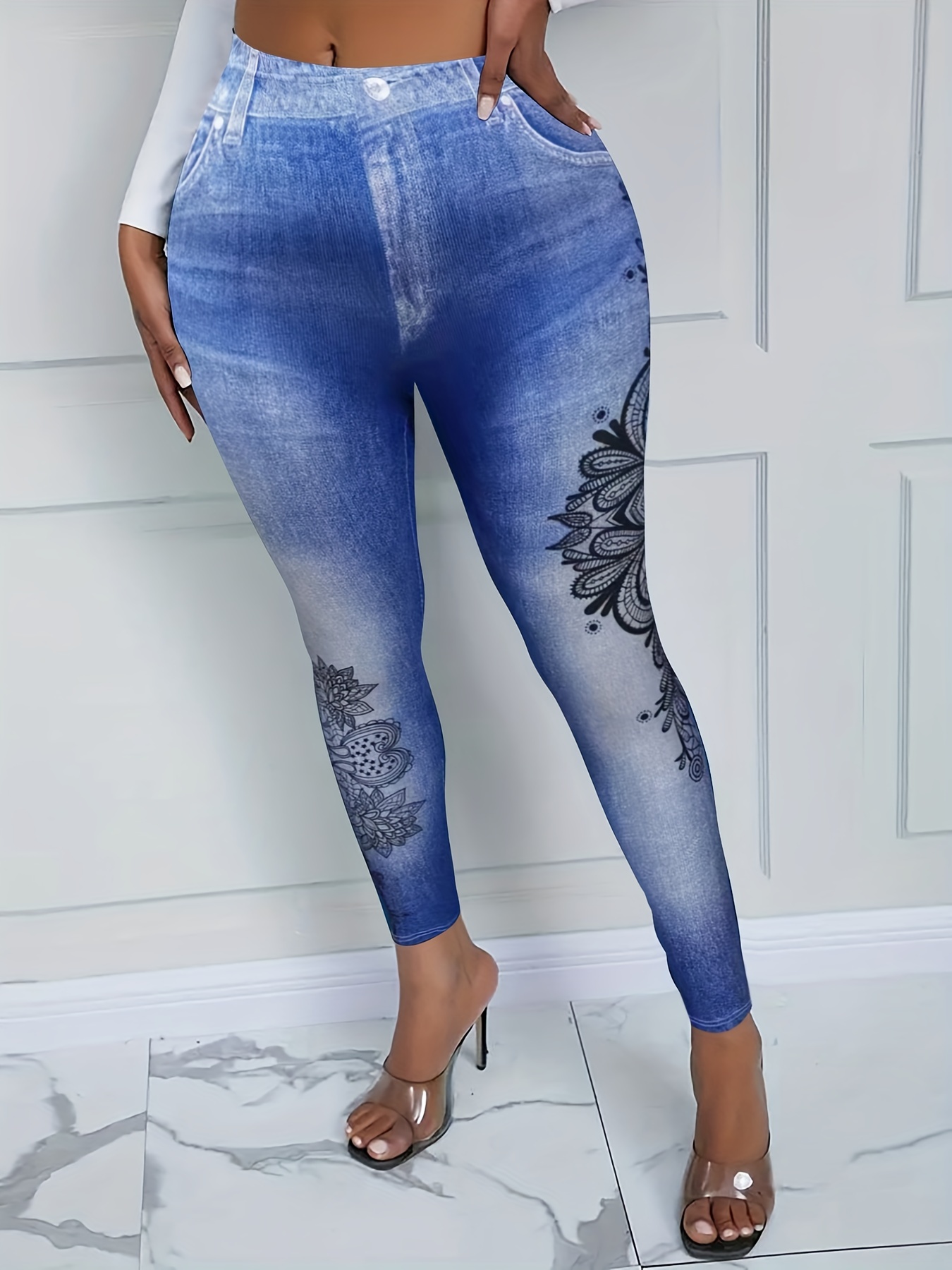 Plus Size Casual Leggings, Women's Plus Denim & Sunflower Print Stretchy  Capri Leggings