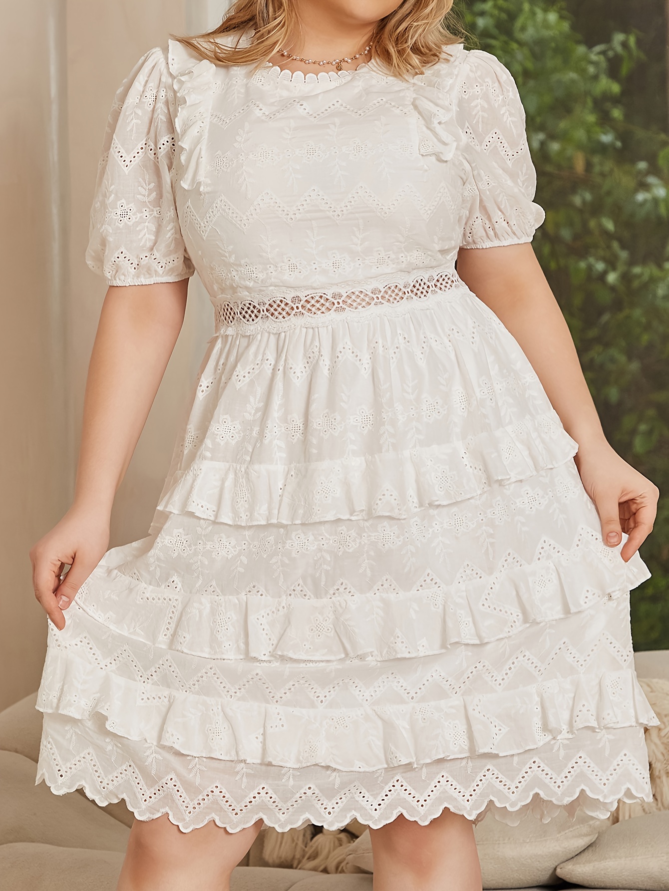 plus size elegant dress womens plus eyelet embroidered puff - Temu Georgia