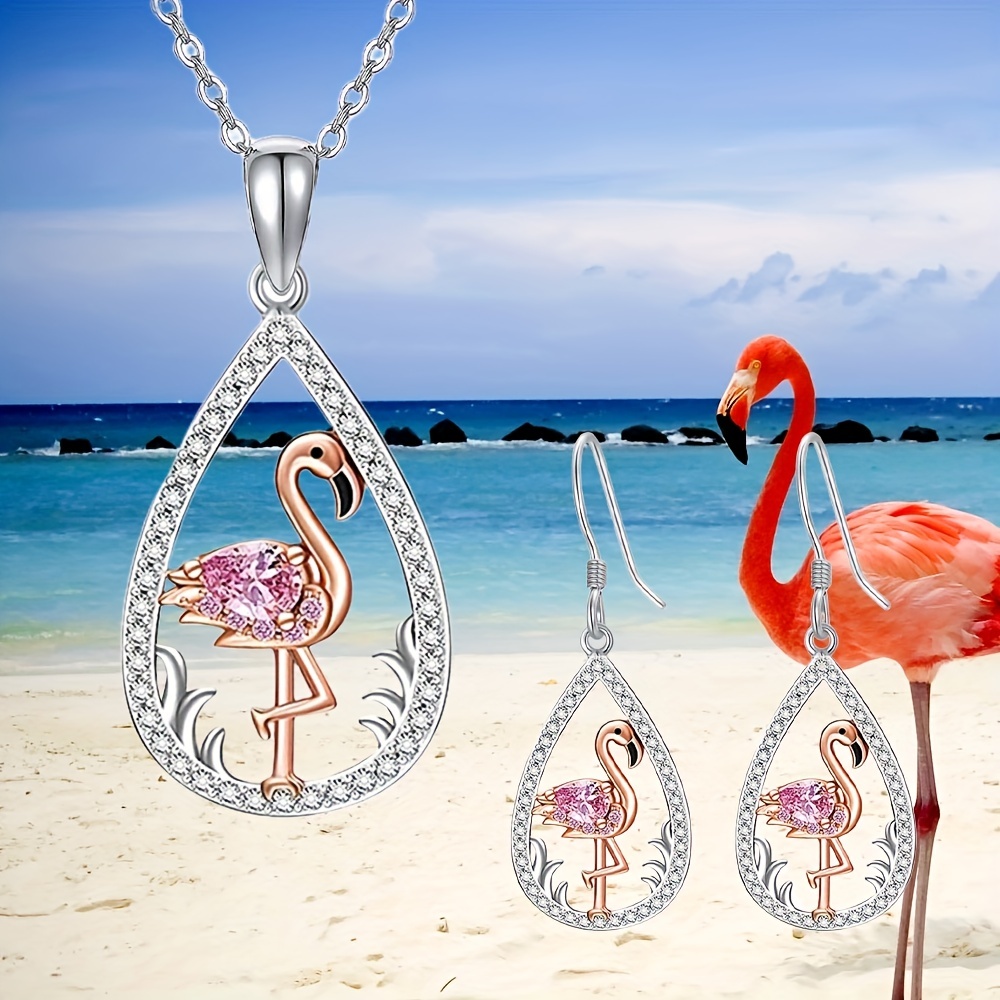 3pcs cute flamingo water drop earrings necklace set for teen girls birthday christmas gifts