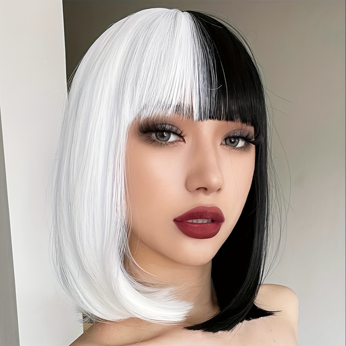 Half White Half Black Wig Shoulder Length Straight Synthetic