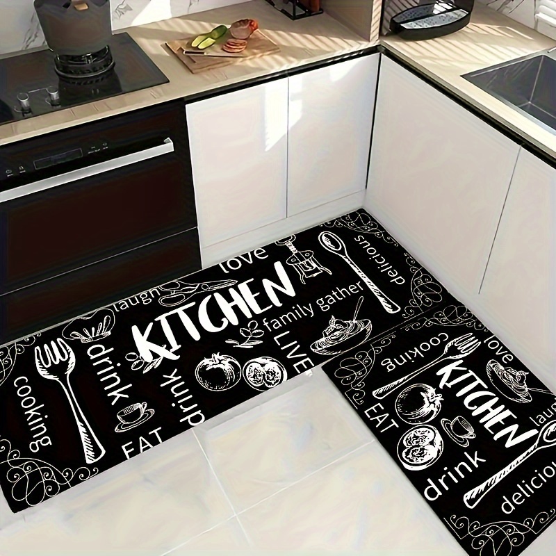 2pc Non Skid Washable Kitchen Rug Set PVC Kitchen Protector Floor Mat Black