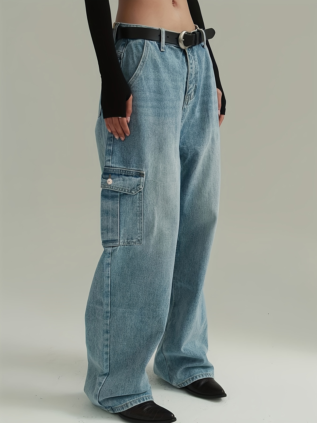 Plain High Waist Cargo Pants Loose Fit Flap Pockets Y2k Kpop