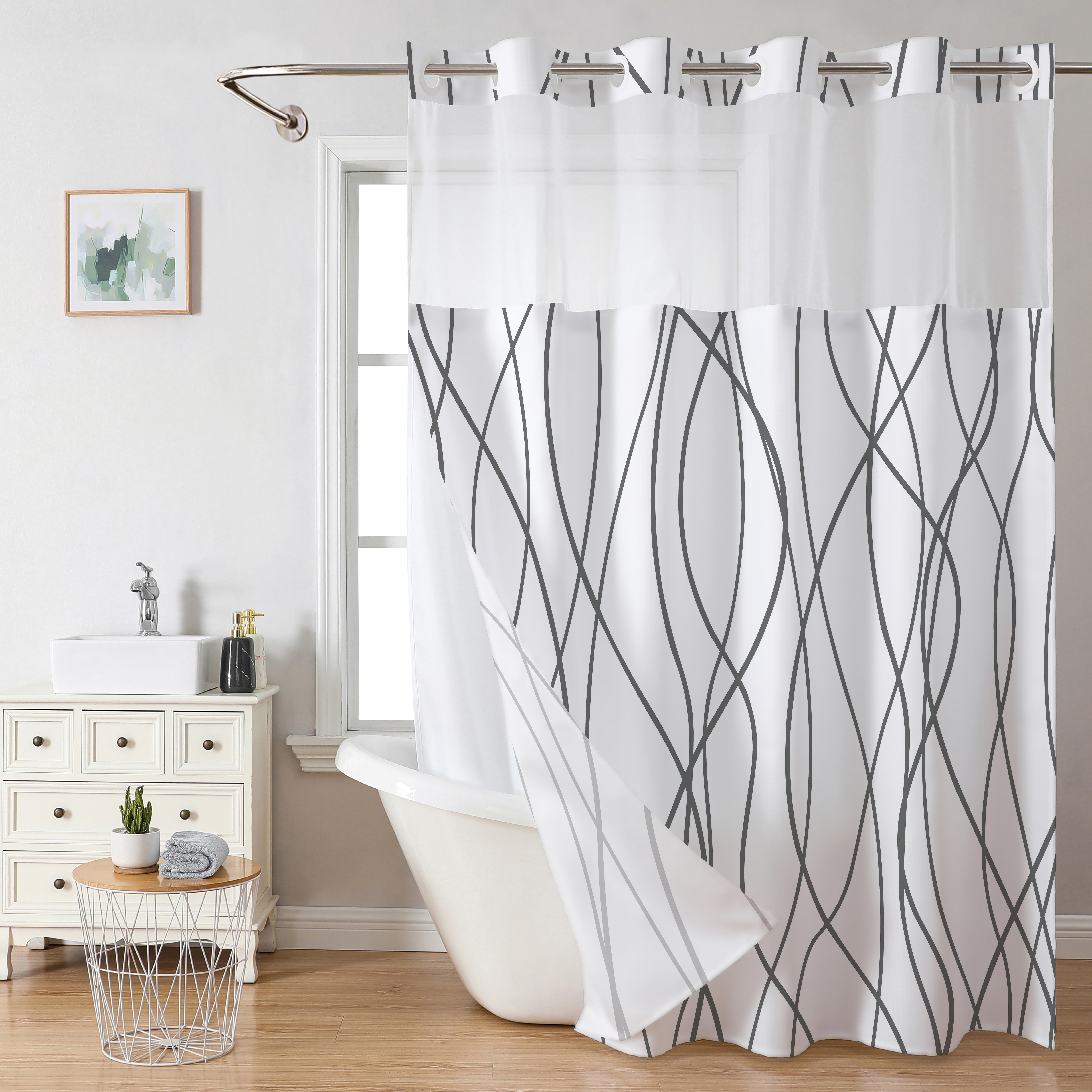 Juego de cortina de ducha blanca con forro a presión, cortinas de ducha de  poliéster para baño, lavable a máquina, tela pesada y ventana superior de