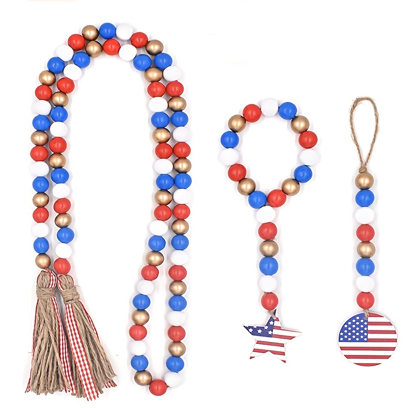 Patriotic Wood Bead Garland 4th Of July American Wooden Beads String ...