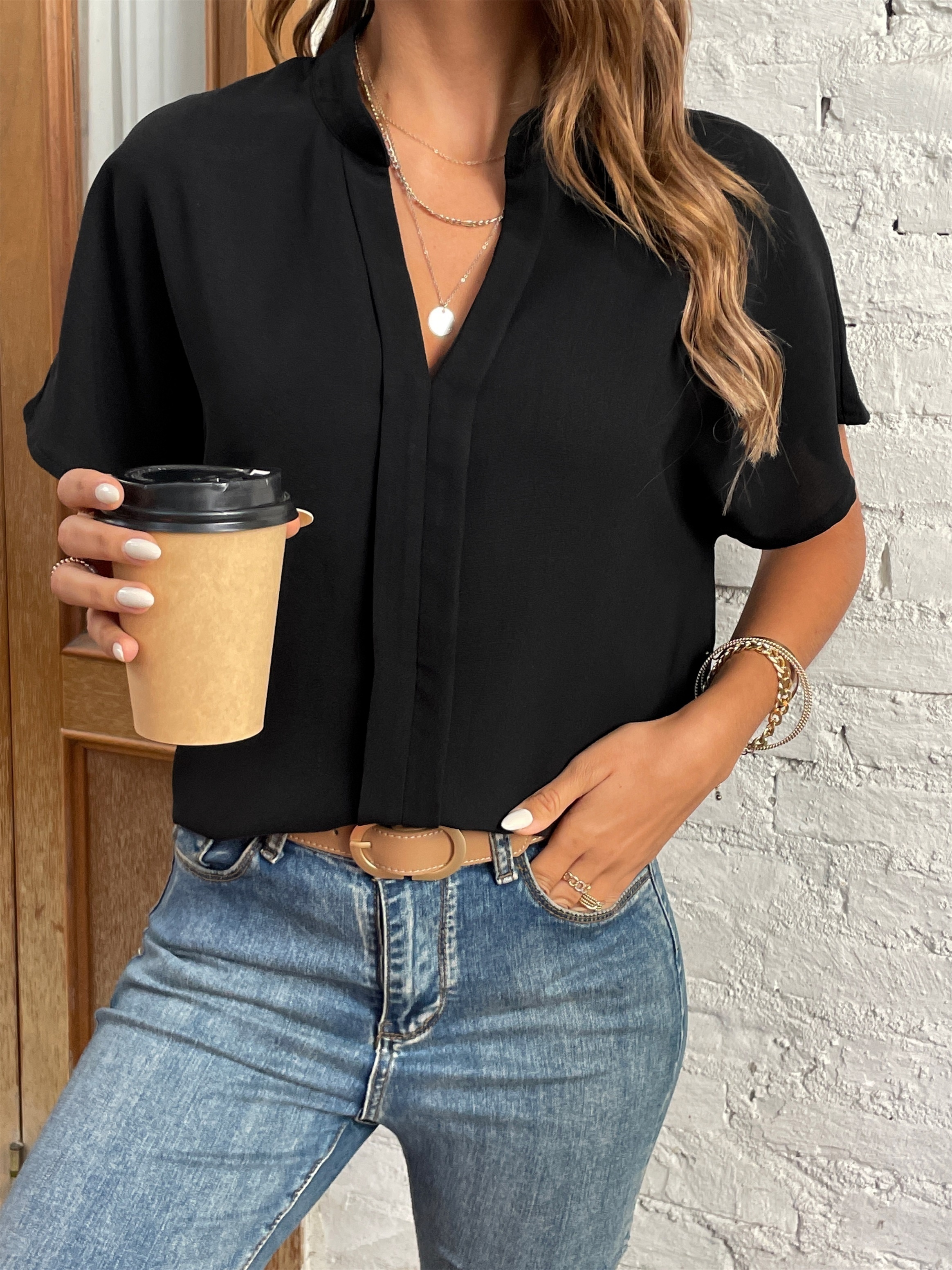 Batwing Sleeve V neck Blouse Casual Solid Comfy Versatile - Temu Canada