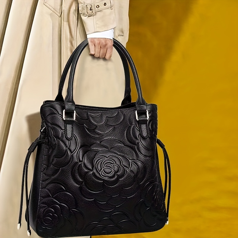 Luxury Genuine Leather Tote Bag, Women's Letter Embossed Handbag, Large  Capacity Satchel Purse - Temu