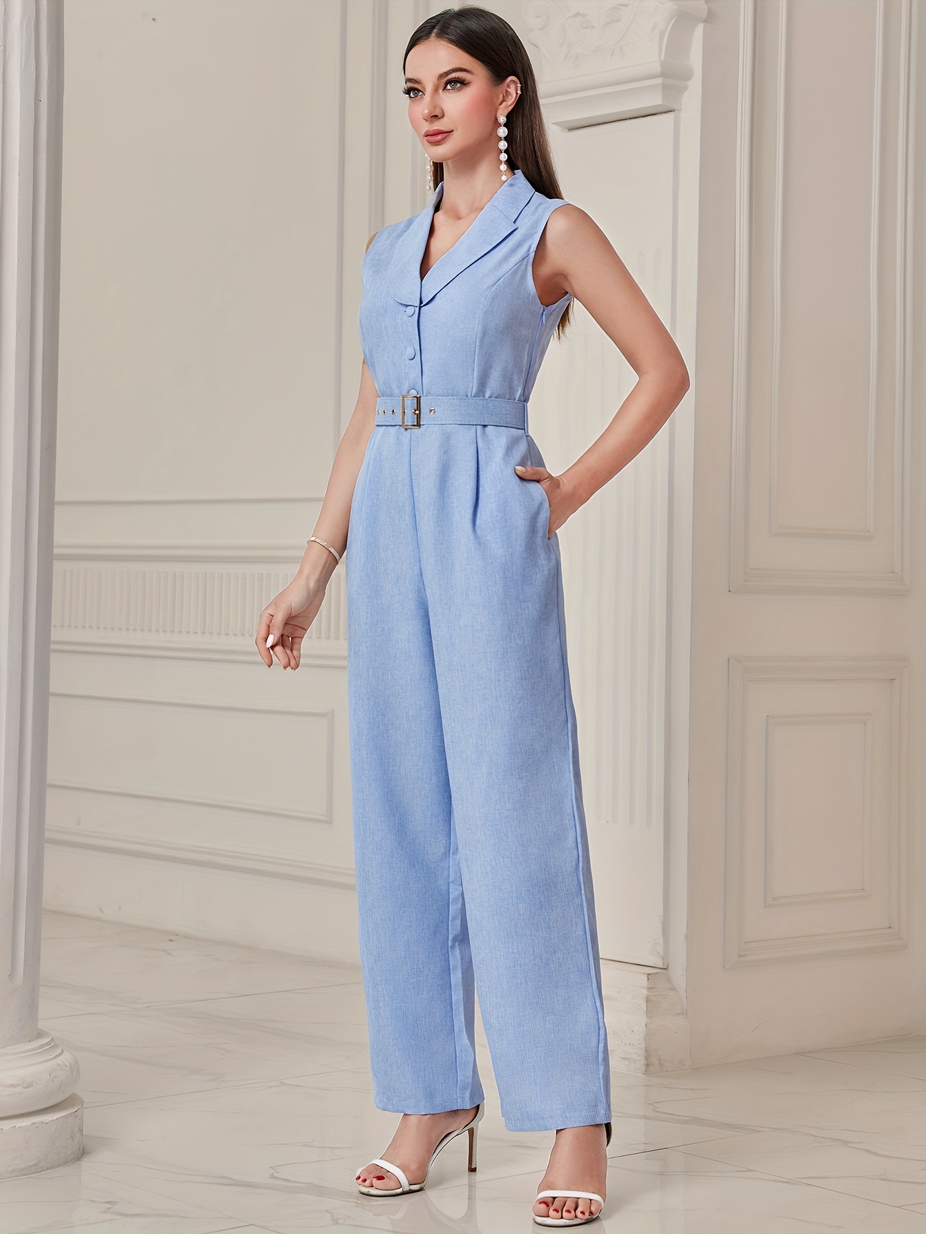 Button Front Wide Leg Jumpsuit Elegant Soild Sleeveless - Temu