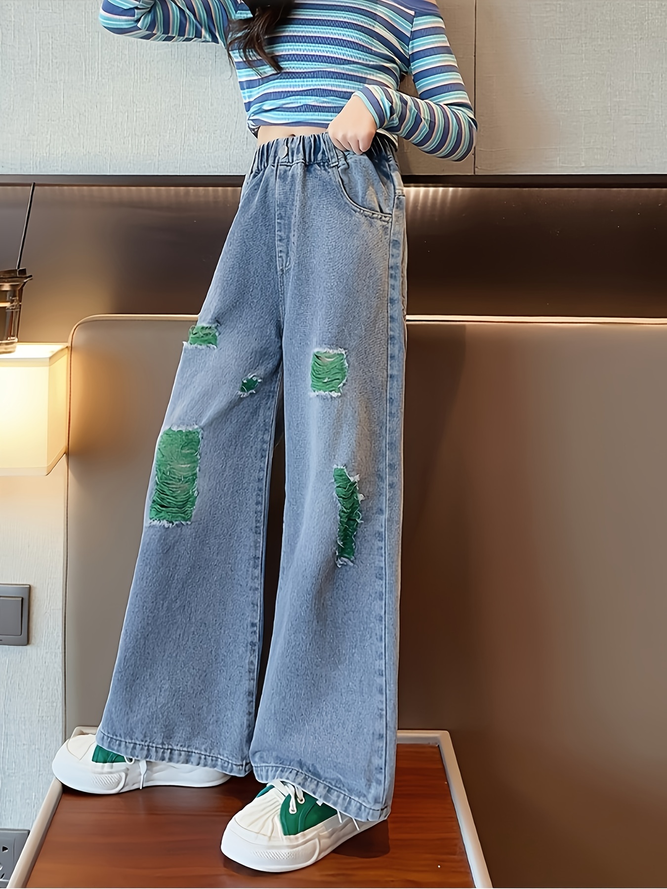 Girls Fashion Ripped Jeans High Waist Baggy Loose Wide Leg Trousers  Comfortable For Everyday