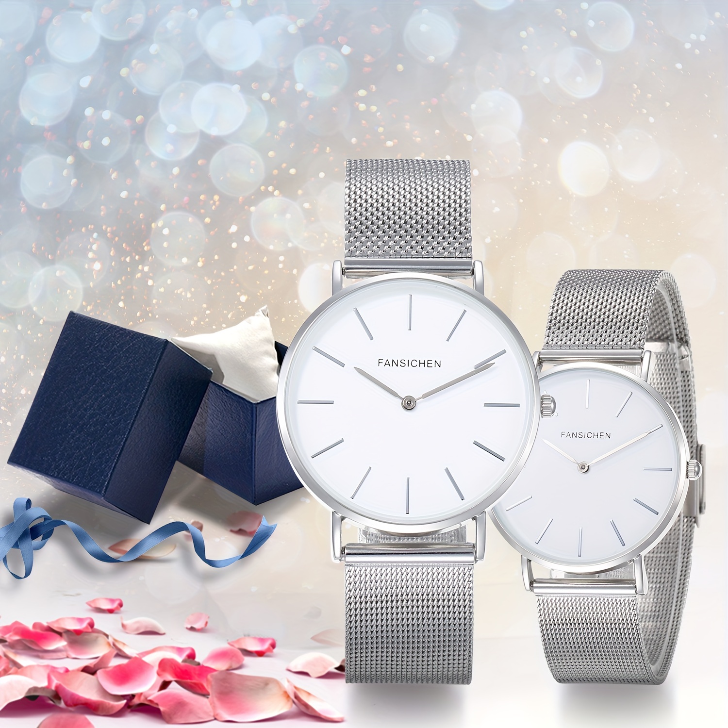 2pcs Couple Watches Set Silver Stainless Steel Waterproof Casual Watch Holiday Gift Box