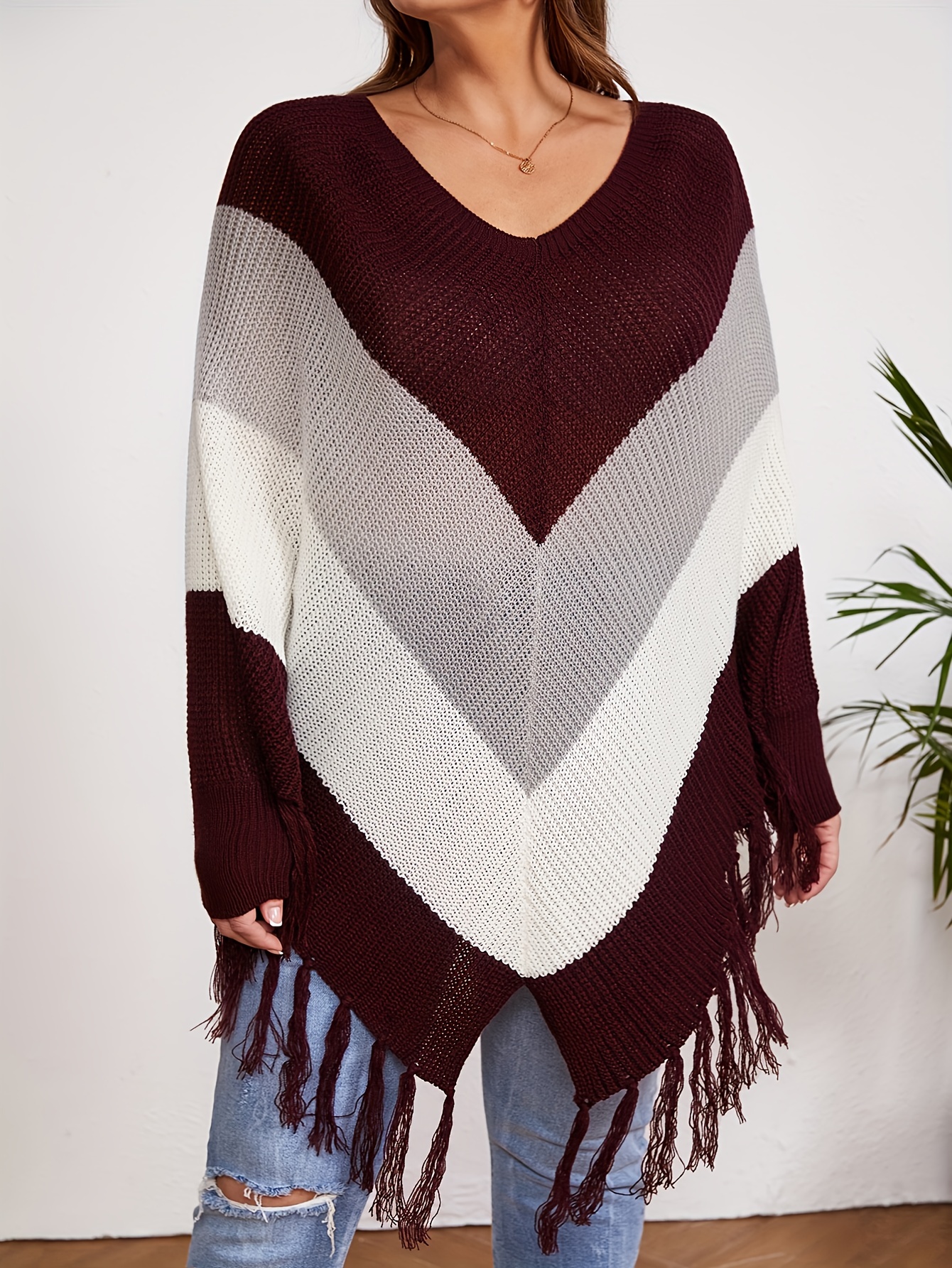Loose V-Neck Fringed Bat Sleeve Sweater