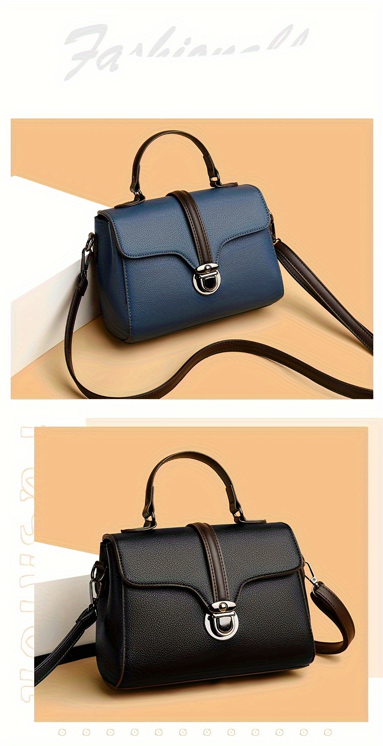 mini color contrast handbag women pu leather crossbody bag fashion turn lock flap purse details 6