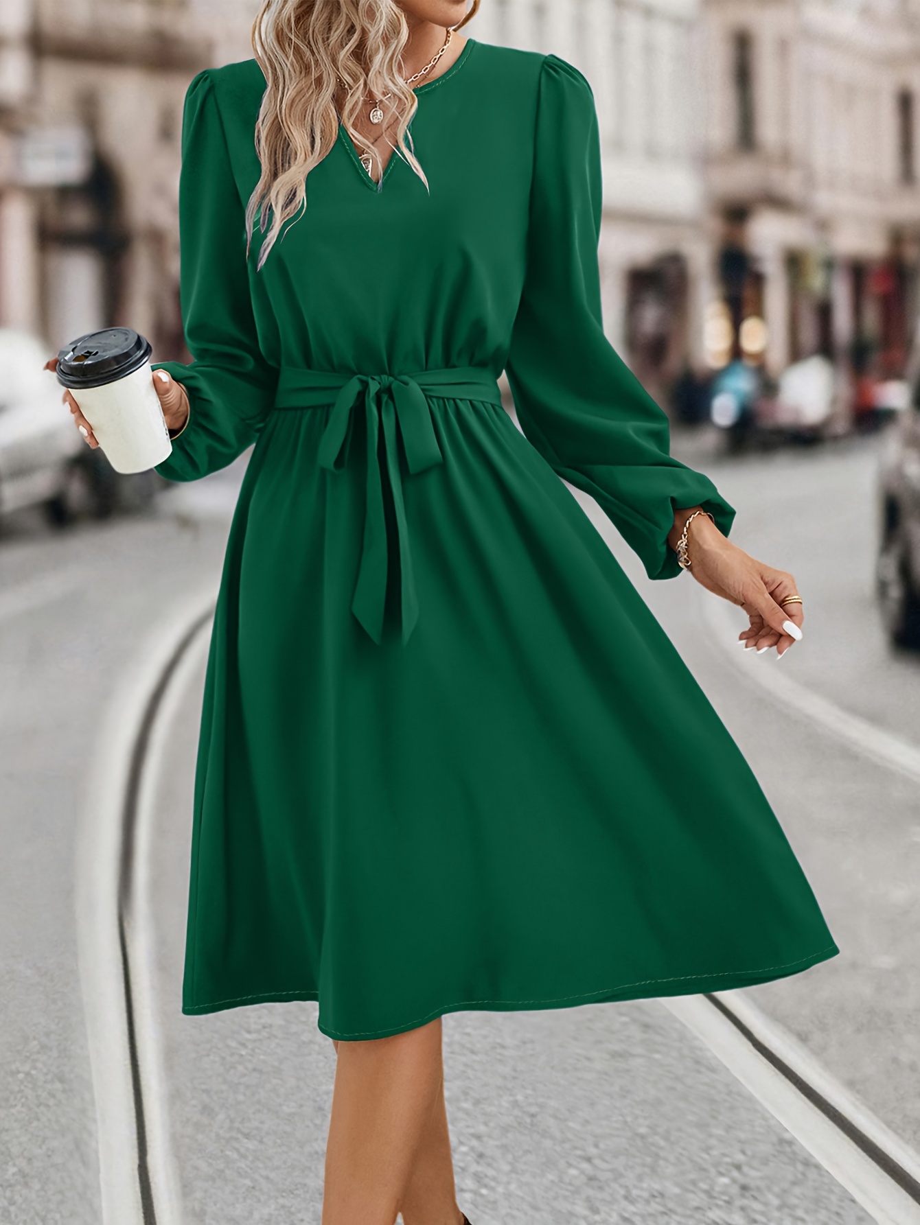 BEEYASO Clearance Summer Dresses For Women Solid Crew Neck A-Line  Mid-Length Leisure Long Sleeve Dress Green S