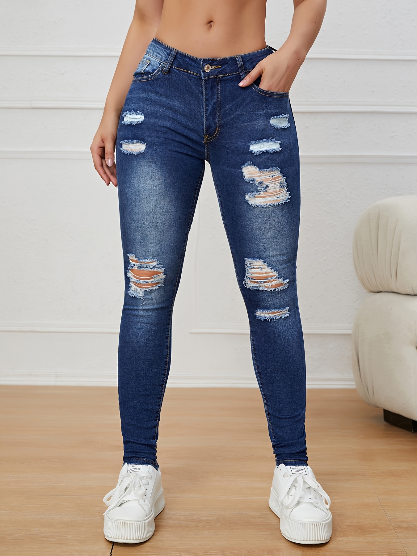 Jeans ajustados ajustados y elásticos rasgados de tiro alto, pantalones de  mezclilla con botón de cremallera en relieve con ondulación de agua de cint