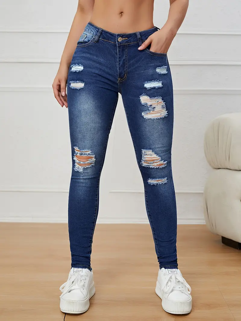 High Ripped Stretchy Tight Fit Skinny Jeans High Waist - Temu Canada