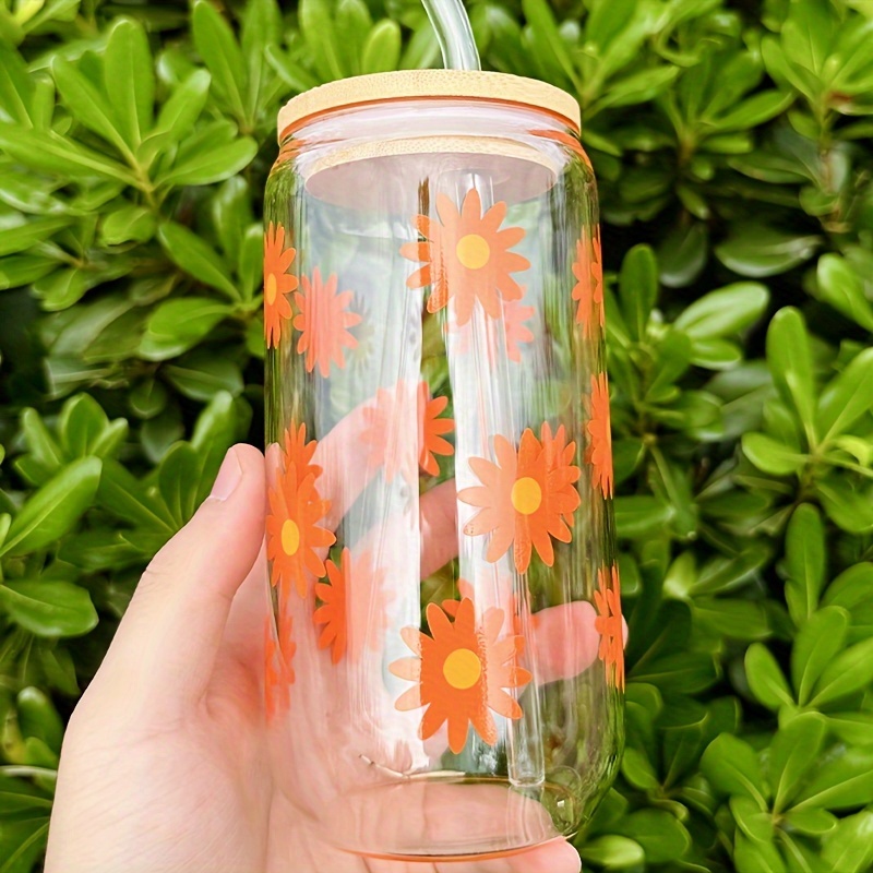 Flower Pattern Drinking Glass With Bamboo Lid And Straw Can - Temu