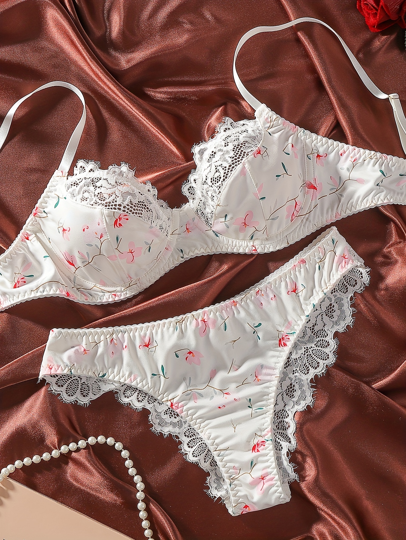 Floral Print Bra & Panties, Contrast Lace Bra & Elastic Panties Lingerie  Set, Women's Lingerie & Underwear