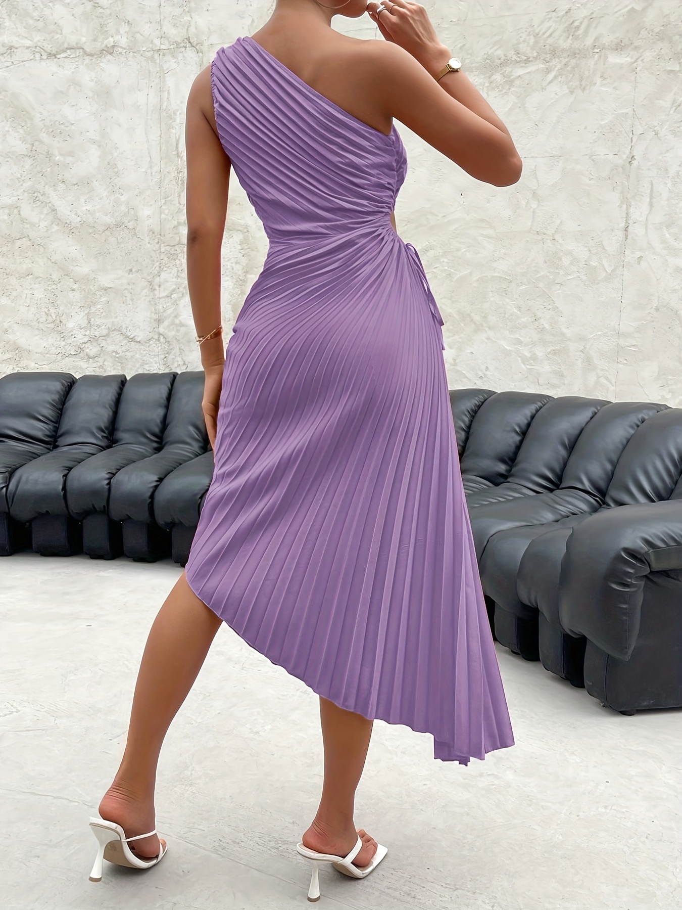 Purple midi one shoulder dress with small cut out and split