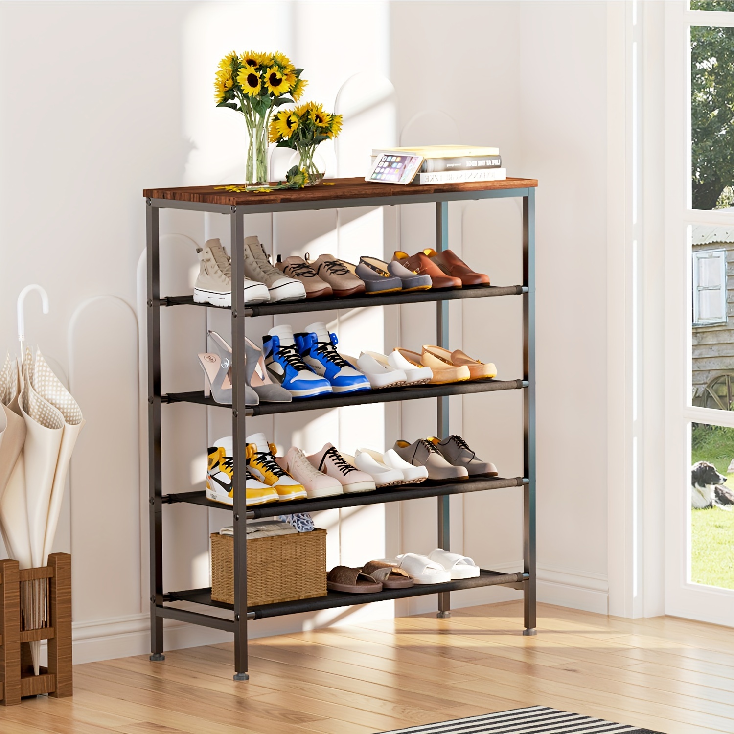 Shoe Cabinet, Entrance Shoe Rack with Top Storage Shelf, Wooden
