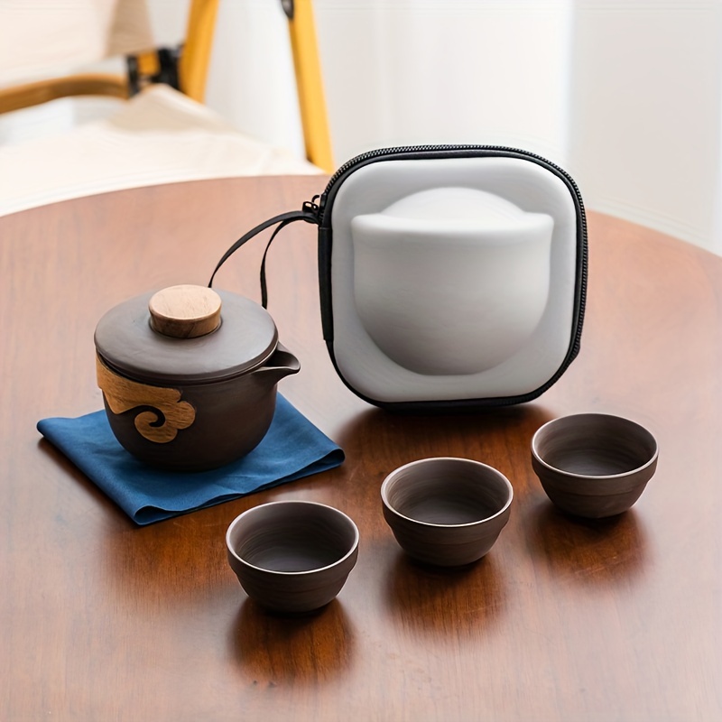 Teapots Set with 2 Cups & 1 Storage Bag Ceramic Tea Set Portable