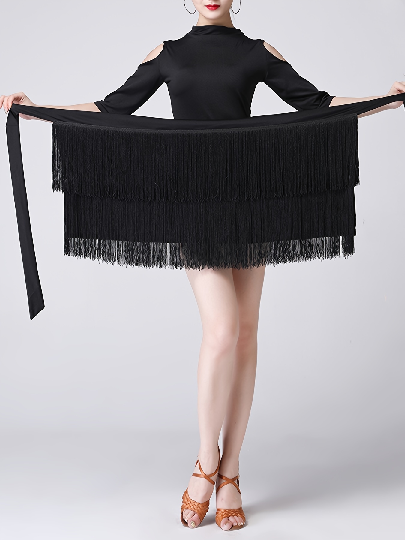 Women's Latin Tango Ballet Dance Hip Wrap Skirt – Black Tassel Trim