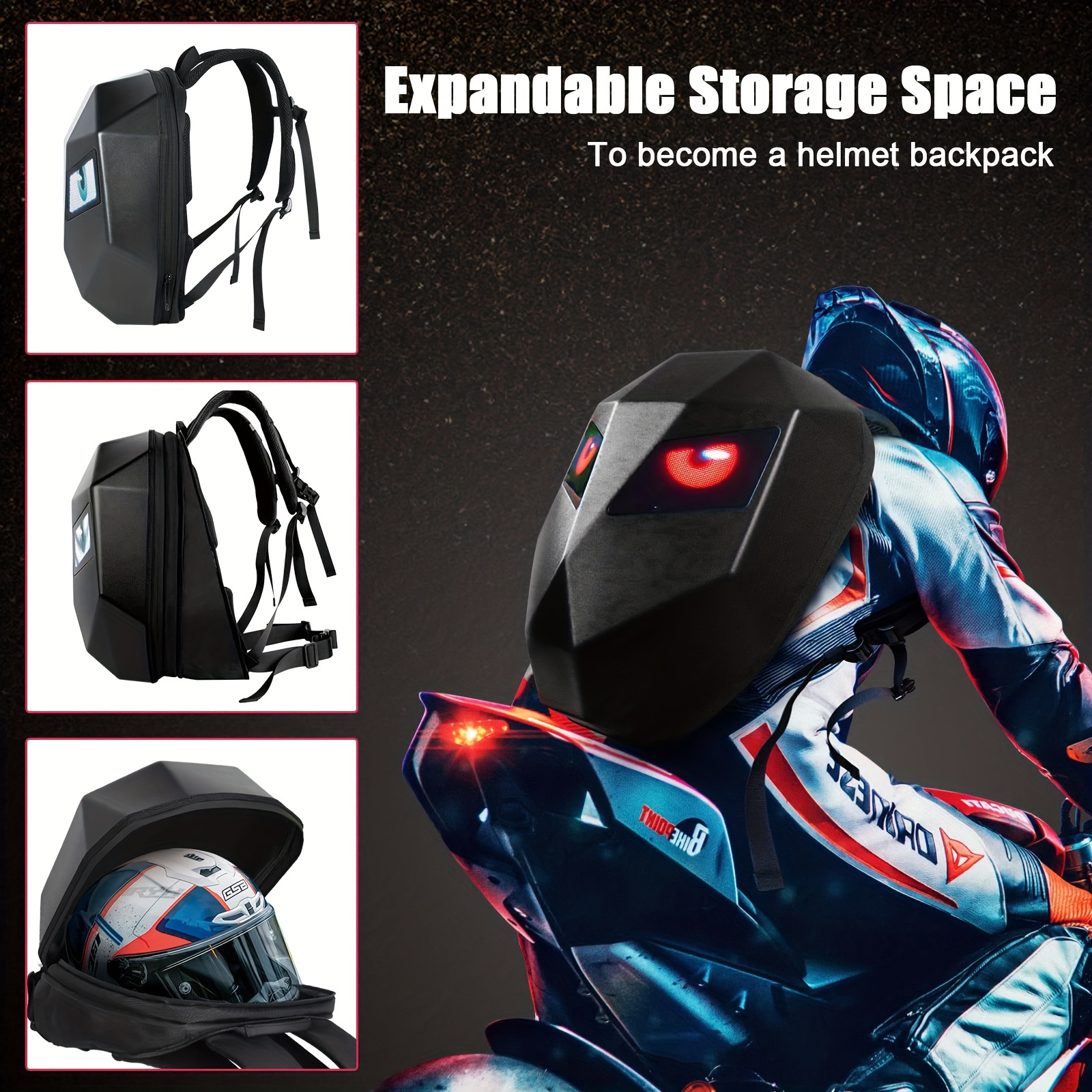 Motorcycle 3D Eyes Led Light Backpack Bag Waterproof Hard Shell With Usb  Light Led Knight Bag