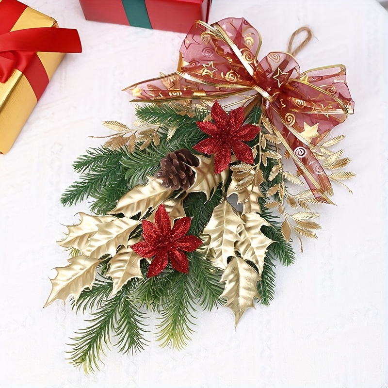 Christmas Ribbon for Gift Wrapping Red Flower and Green Leaf