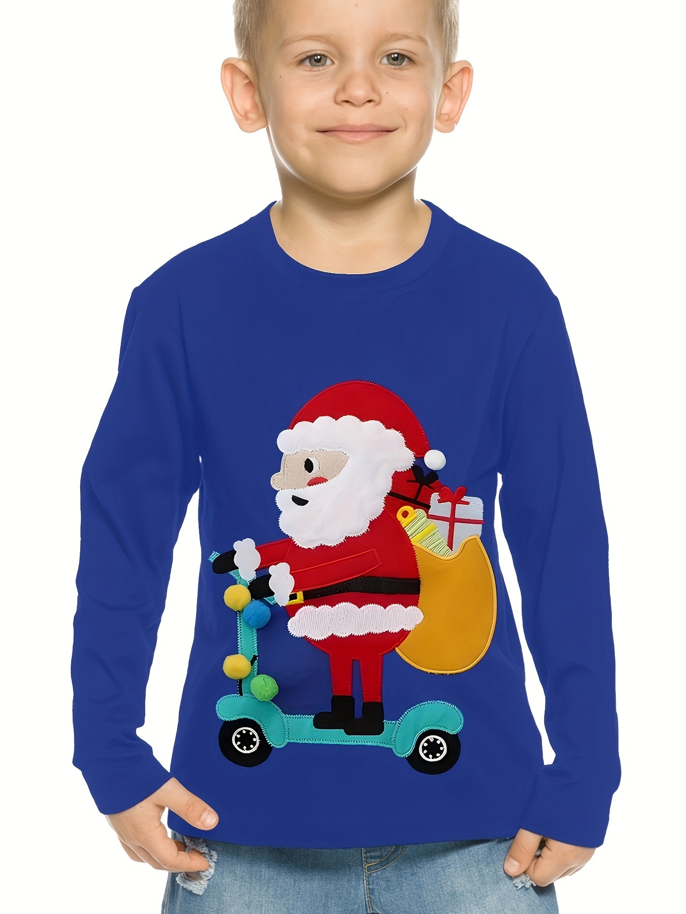 Boy's 3d Embroidery Santa Scooter Print Christmas Tops Long Sleeve