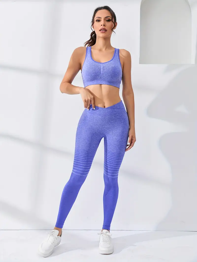 2pcs Workout Yoga Sets, Solid Color Cropped Top & High Waist Stretch Sports  Leggings Suits, Women's Activewear