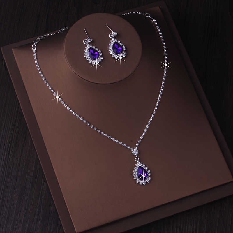 Shiny Purple Heart Zirconia Earrings Necklace Set Elegant - Temu