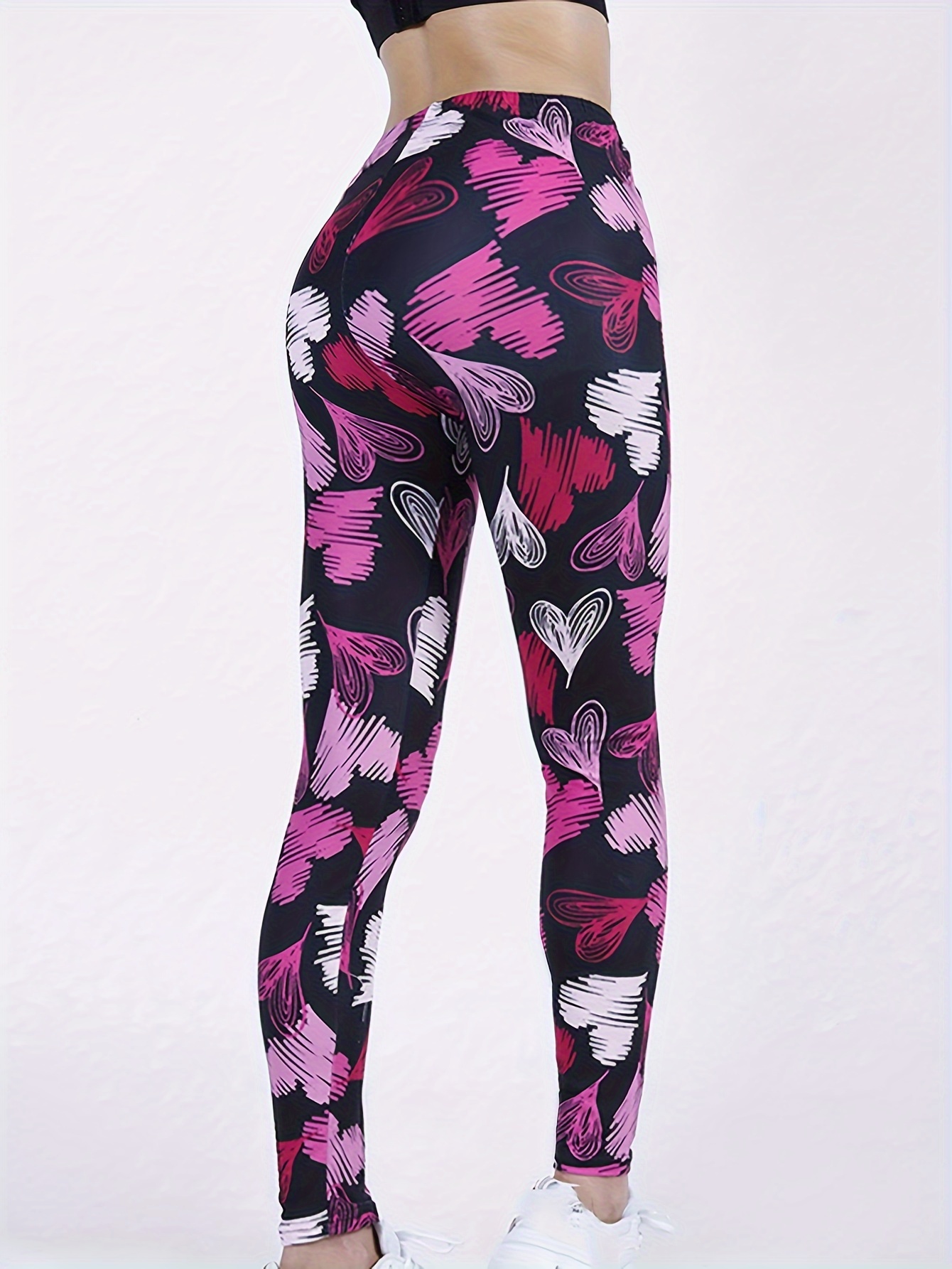 Heart & Love Print Skinny Leggings, Casual Stretchy Every Day Leggings,  Women's Clothing, Valentine's Day