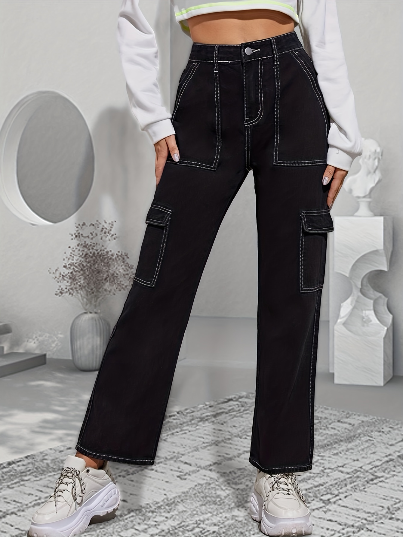 Pantalones cargo negros con bolsillos con solapa sueltos, pantalones  deportivos de cintura alta con cordón elástico y pierna recta, ropa de mujer