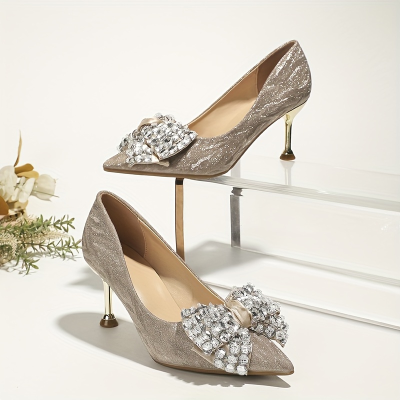 Women's Rhinestone Bowknot Pumps, Pointed Toe Slip On Wedding High Heels,  Evening & Dress Shoes - Temu Italy