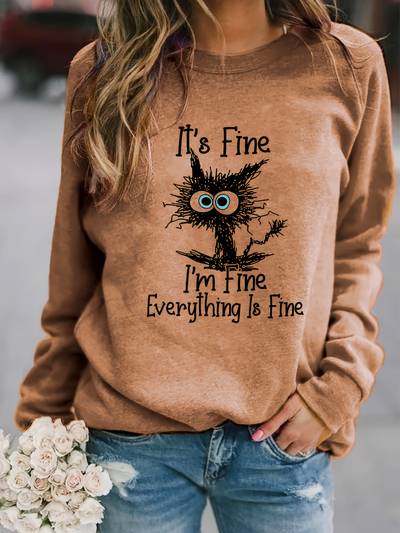 Its Fine Cartoon Cat Print-sweatshirt, lange mouwen, ronde hals, casual sweatshirt voor winter en herfst, dameskleding