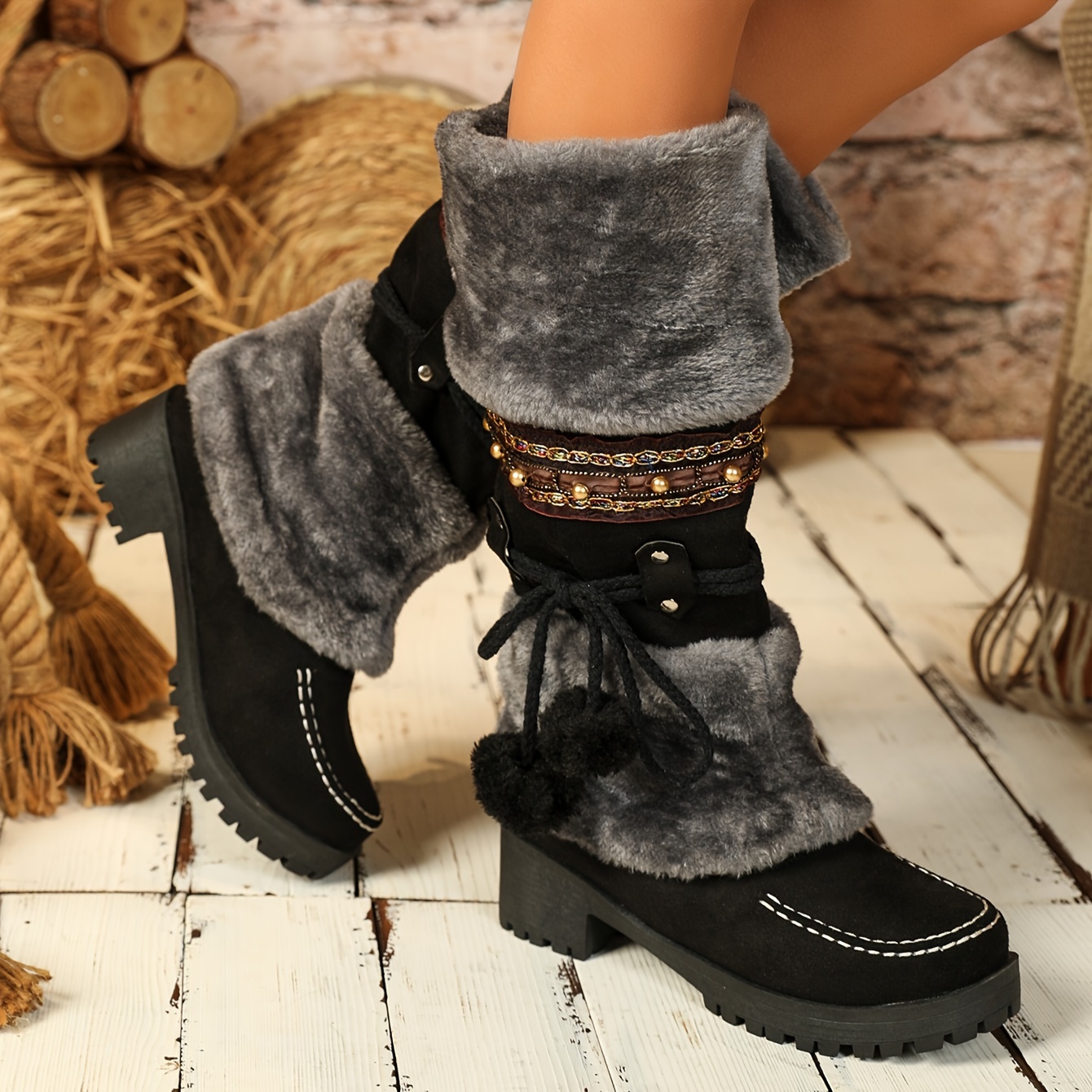 Women's Cute Fleece Snow Boots, Pom-pom Lace Up Chunky Heeled Mid Calf  Boots, Winter Warm Outdoor Boots