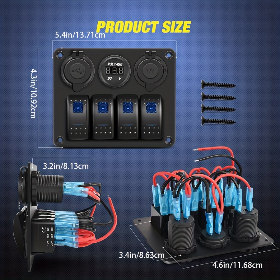 6 en 1 Panneau multifonction 12v Prise Double Chargeur USB Bleu