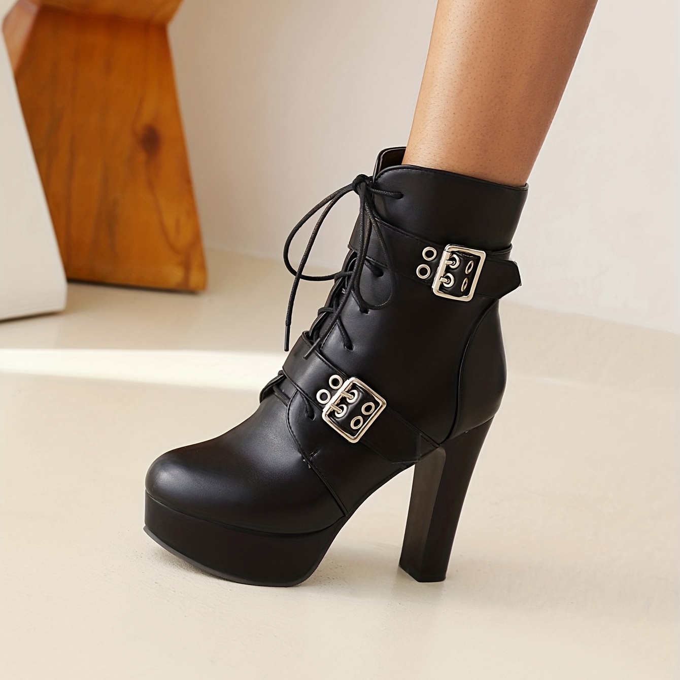 Women's Buckle Strap Ankle Boots Lace Up Block Heels