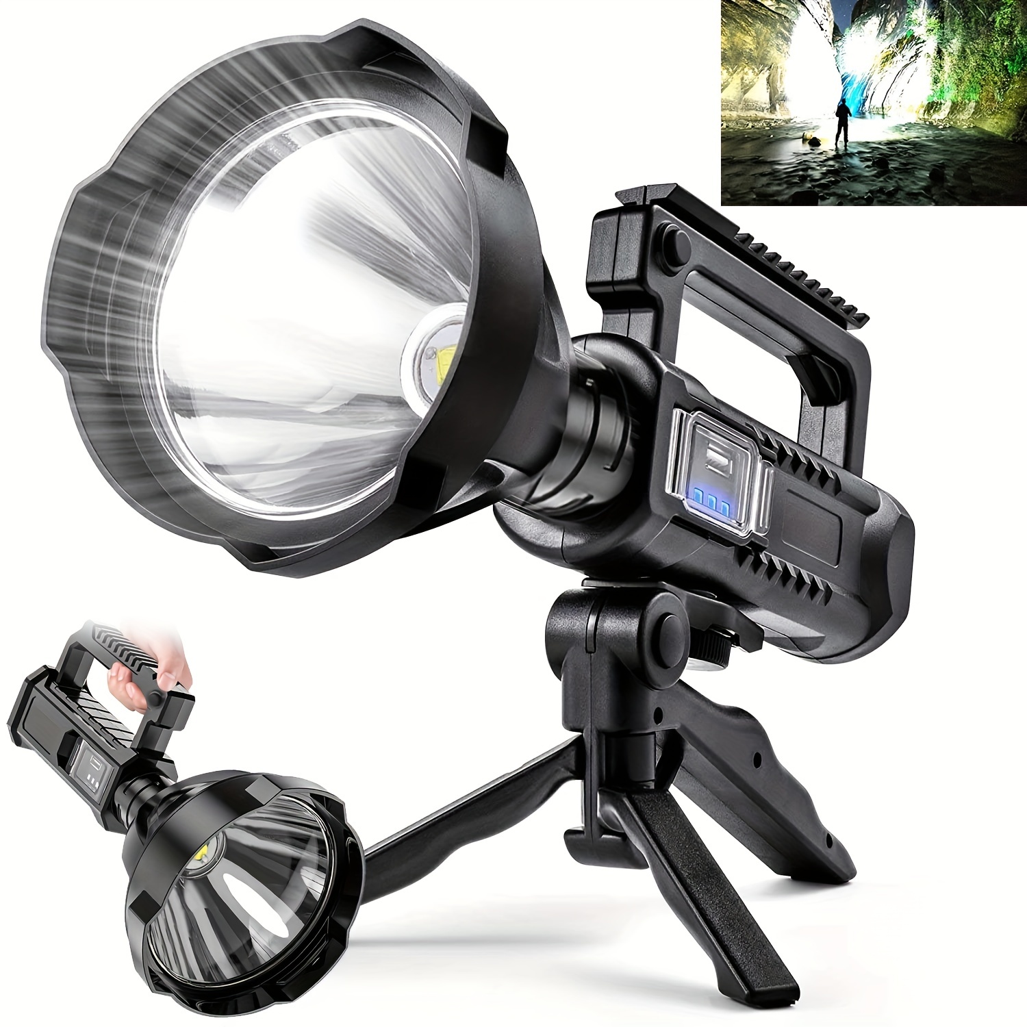Get Rechargeable Flashlight With Tripod, 100,000 Lumens - Black