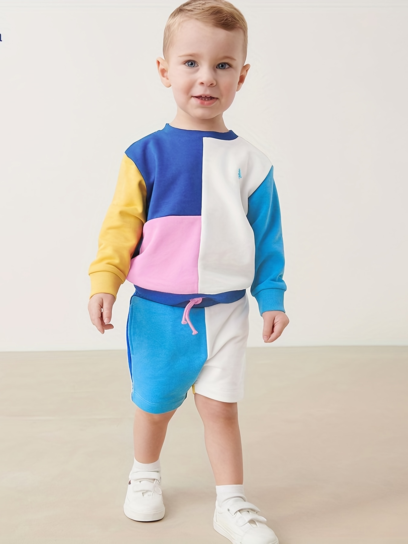Boys Color Block 2pcs Cotton Sweatshirt Shorts Set Color Clash