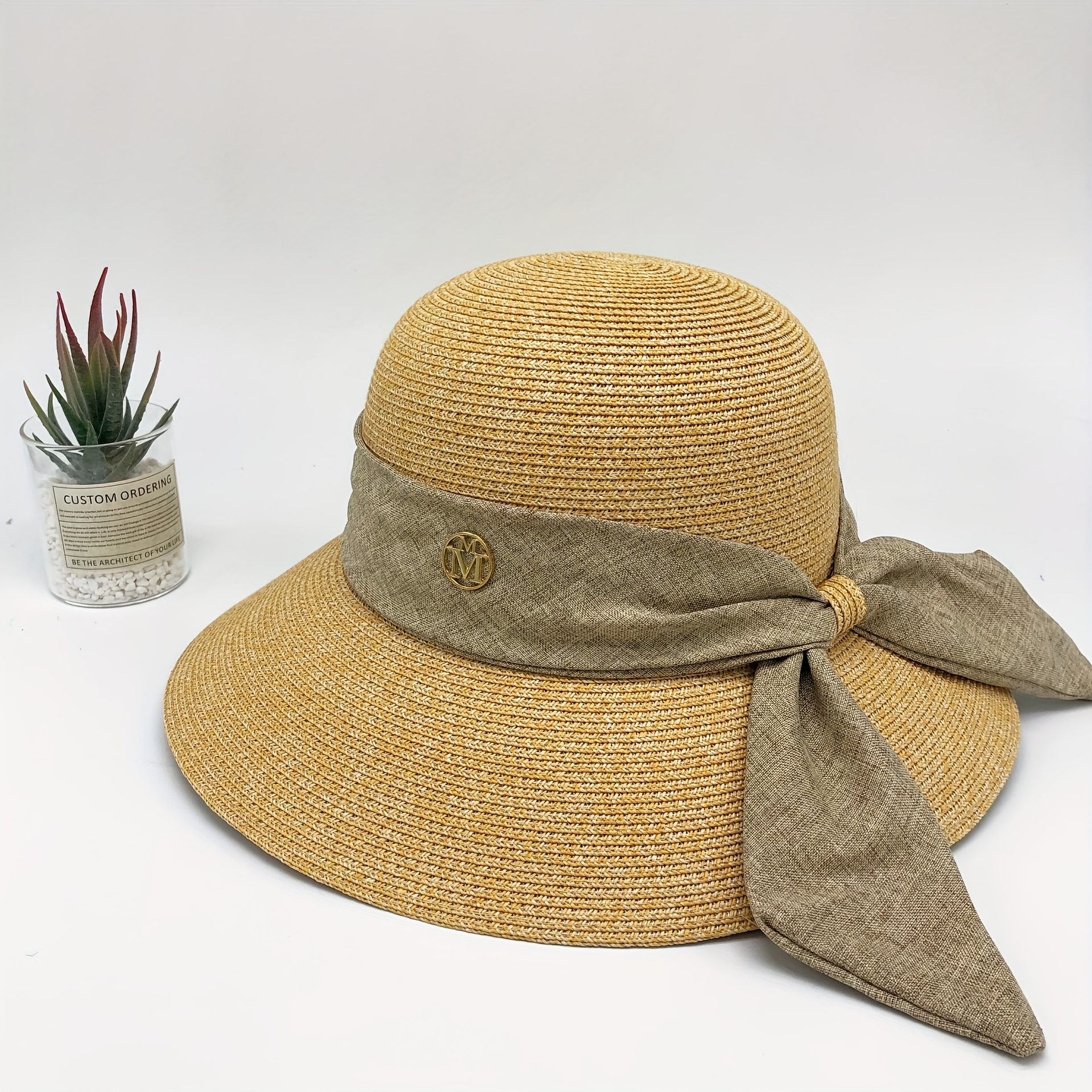 Ribbon Bow Decor Sun Hat Solid Curved Brim Straw Hat Jazz Fedora