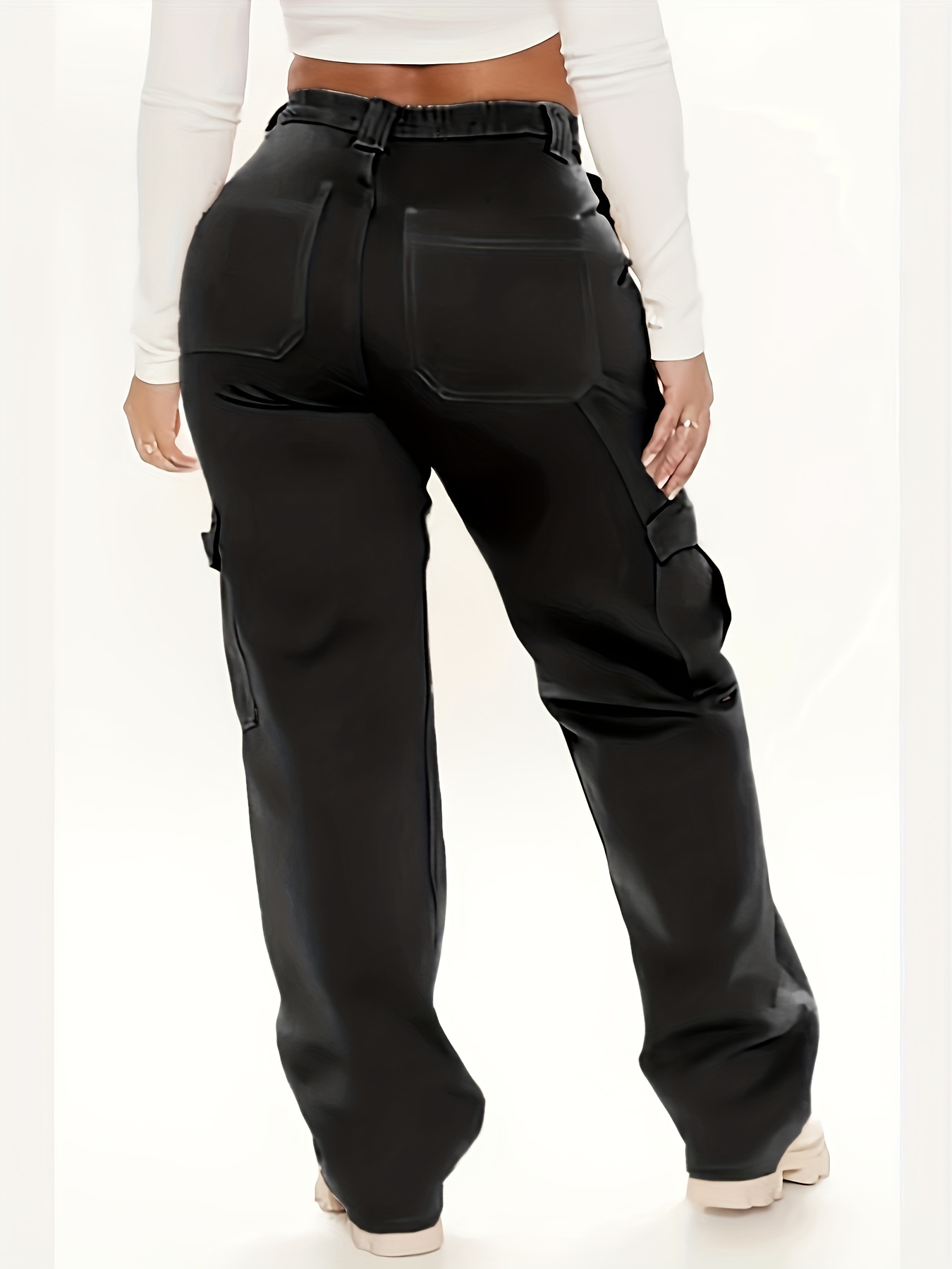 Women Casual Cargo Pants, Solid Color Zipper Trousers with Pockets 