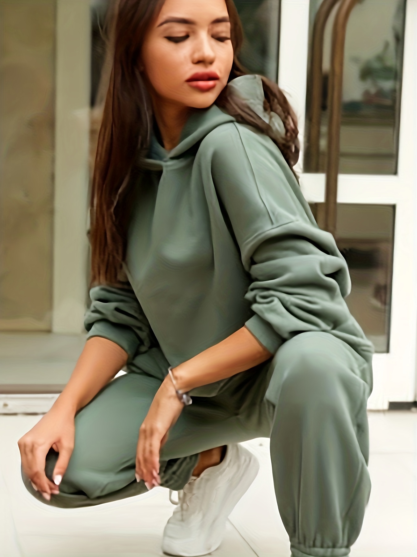 Liveday 2-Piece Hoodies Set Solid Color Pullover Sweatshirt