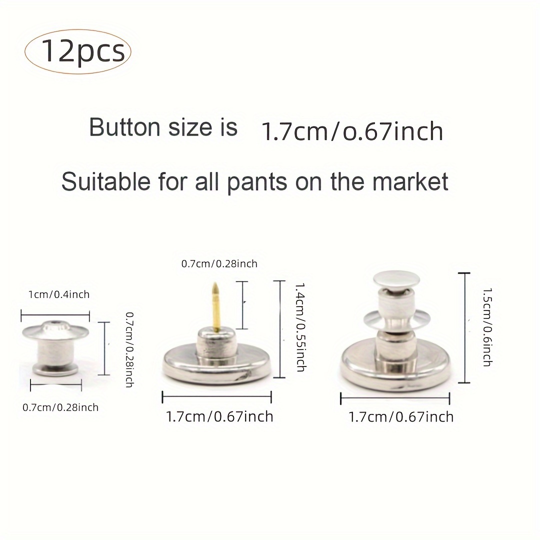 12 Pcs Replacement Button Pins for Jean Adjustable Instant Jean Buttons,No  Sew Jean Button Pins for Pants, Extend or Reduce Any Jean Pants Waist Silver