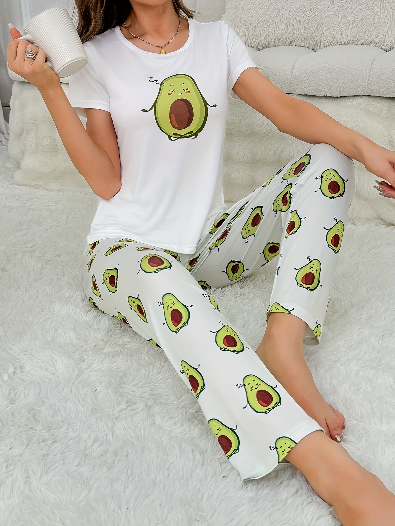 Cartoon Avocado Pattern Pajama Set, Long Sleeve Round Neck Tops & Pants,  Women's Lingerie & Sleepwear
