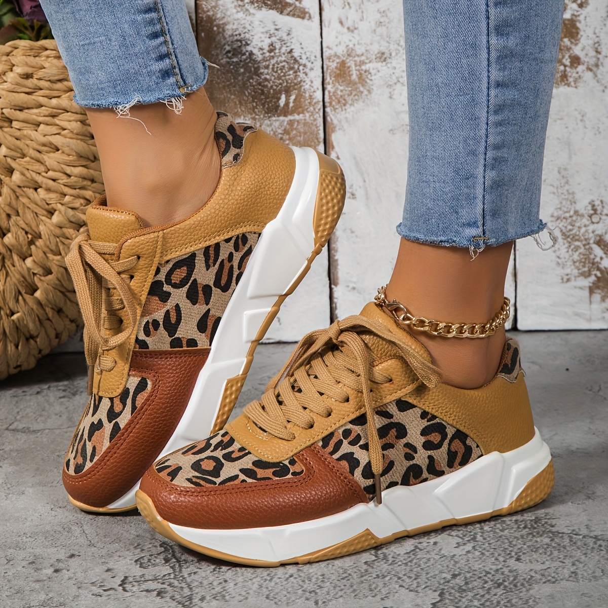 Women's Leopard Pattern Lace Chunky Sneakers Anti slip - Temu